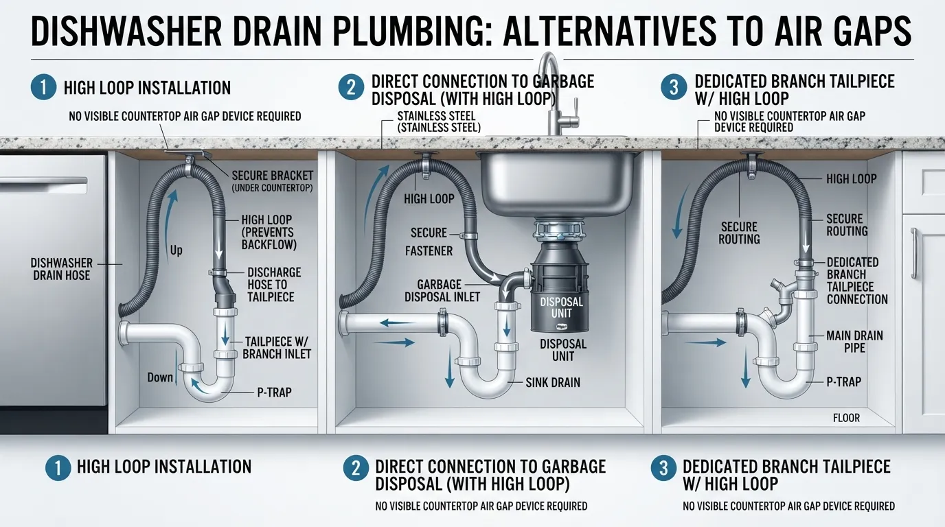 Plumbing diagram and setup options showing alternatives to a dishwasher air gap, including high loop installations and direct sink connections.