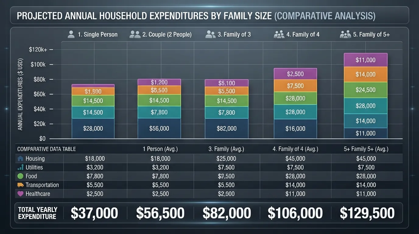 Interactive annual cost calculator dashboard displaying estimated yearly expenses broken down by household size from single individuals to large families.