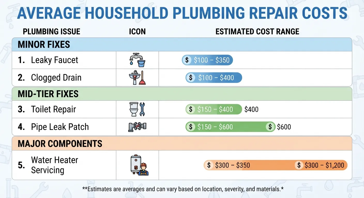 Infographic table outlining the average cost ranges for common home plumbing repairs including drain cleaning, faucet fixing, toilet repair, and water heater service. 