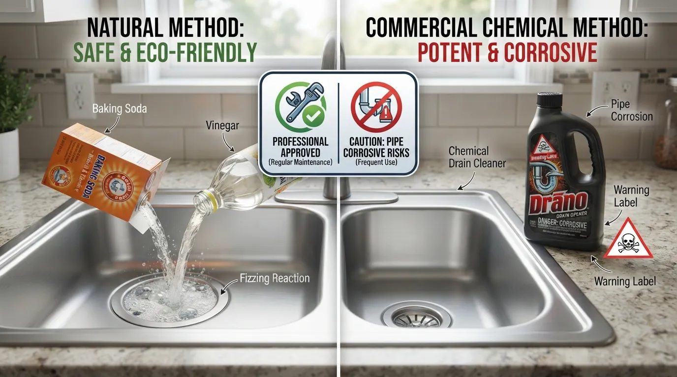 A side-by-side comparison of a natural DIY drain cleaner mixture with baking soda and vinegar next to a commercial chemical drain cleaner bottle like Drano, highlighting plumber recommendations.