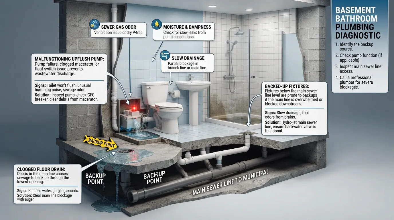 A detailed diagram and plumber inspecting common basement bathroom plumbing issues like backflow, clogged drains, and sump pump failures.
