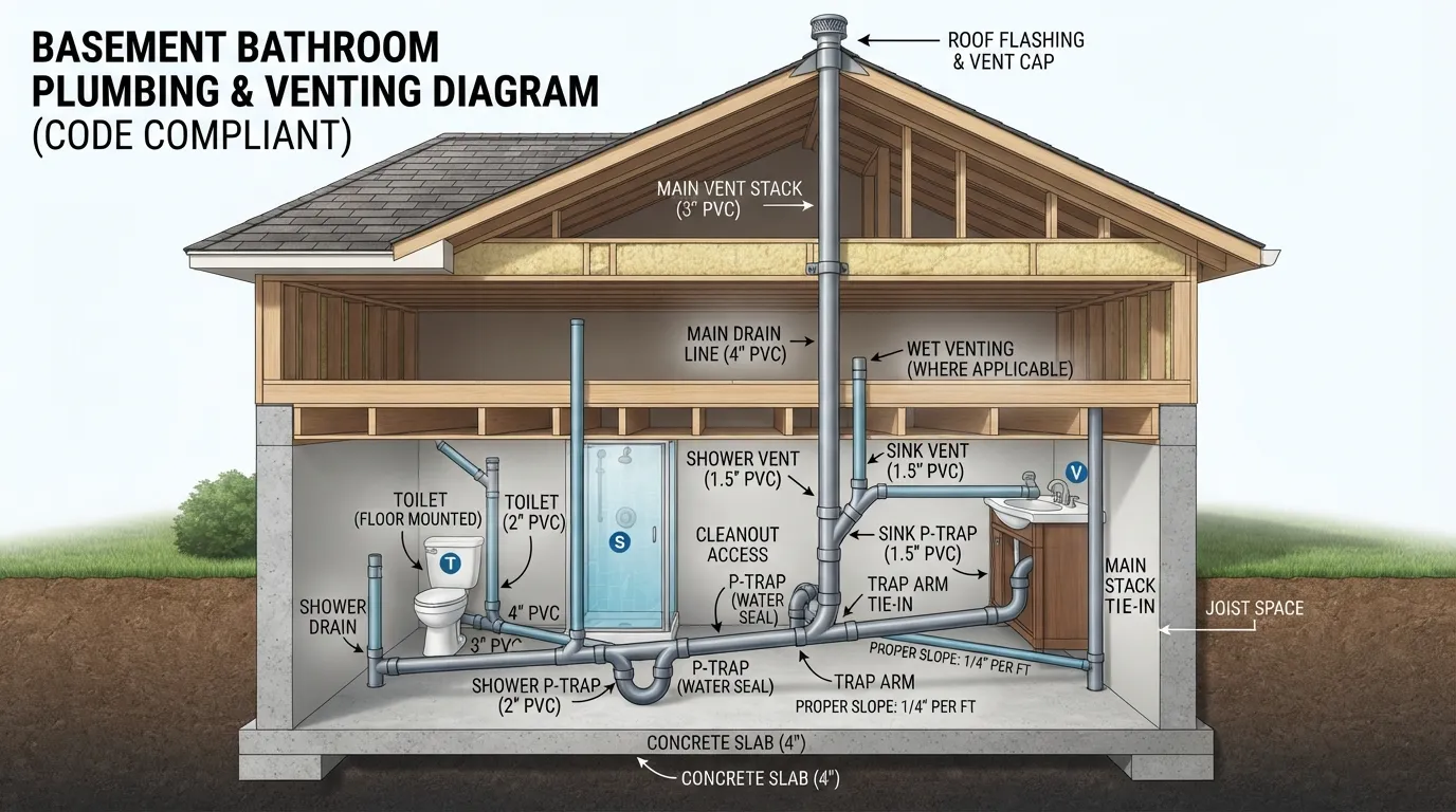 A detailed plumbing diagram showing correct venting for a basement bathroom, including fixture drains, a sanitary tee, and a vent pipe connecting to the main roof stack.