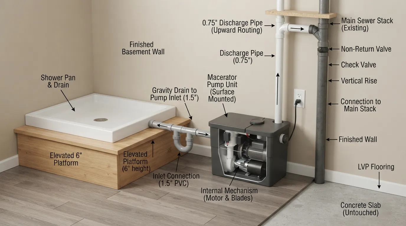 An above-floor upflush macerating pump system installed in a basement to connect a shower drain without breaking concrete.