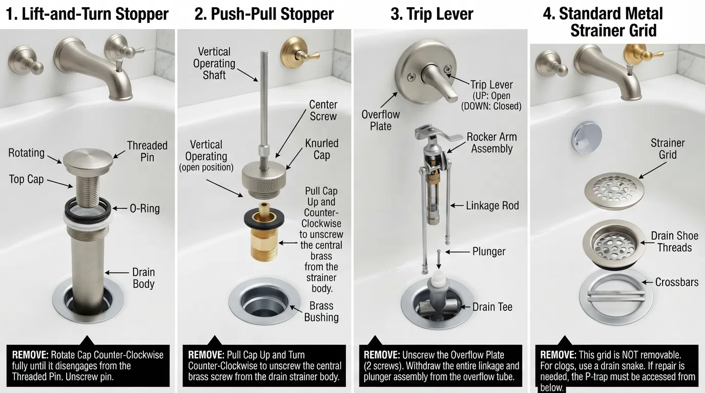 Four common types of bathtub drain stoppers including lift-and-turn, push-pull, trip lever, and strainer mechanisms.