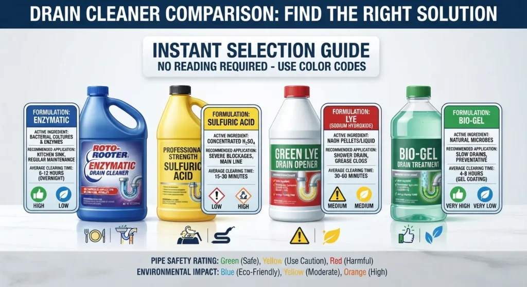 Comparison overview of top-rated chemical and enzymatic drain cleaners displayed side-by-side to highlight their key features and best use cases.