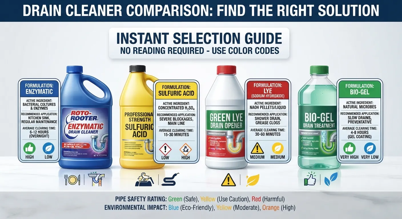 Comparison overview of top-rated chemical and enzymatic drain cleaners displayed side-by-side to highlight their key features and best use cases.