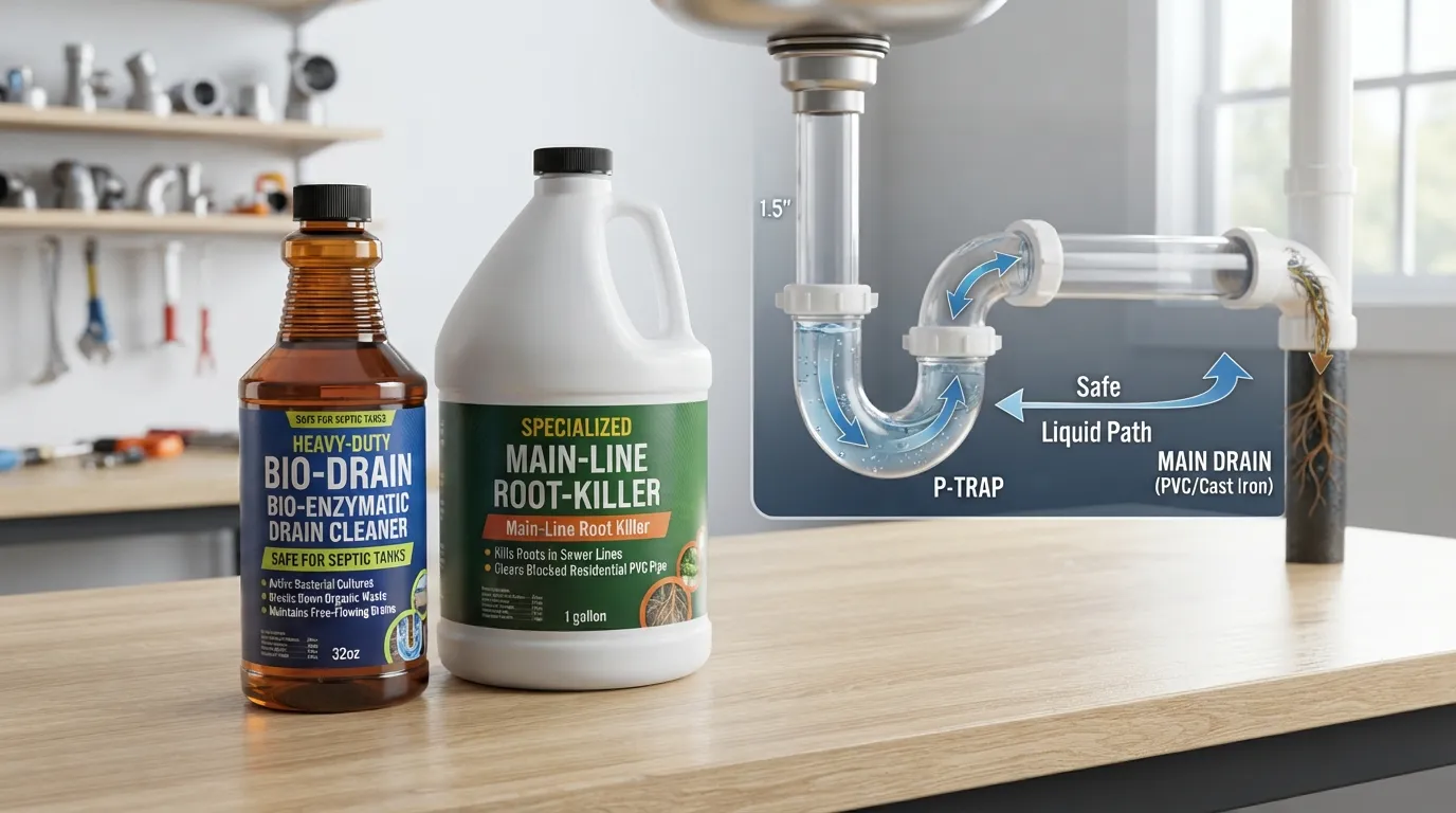 Bottles of safe enzymatic and chemical drain cleaners designed for sewer lines and septic systems displayed alongside a cross-section diagram of a home plumbing pipe.