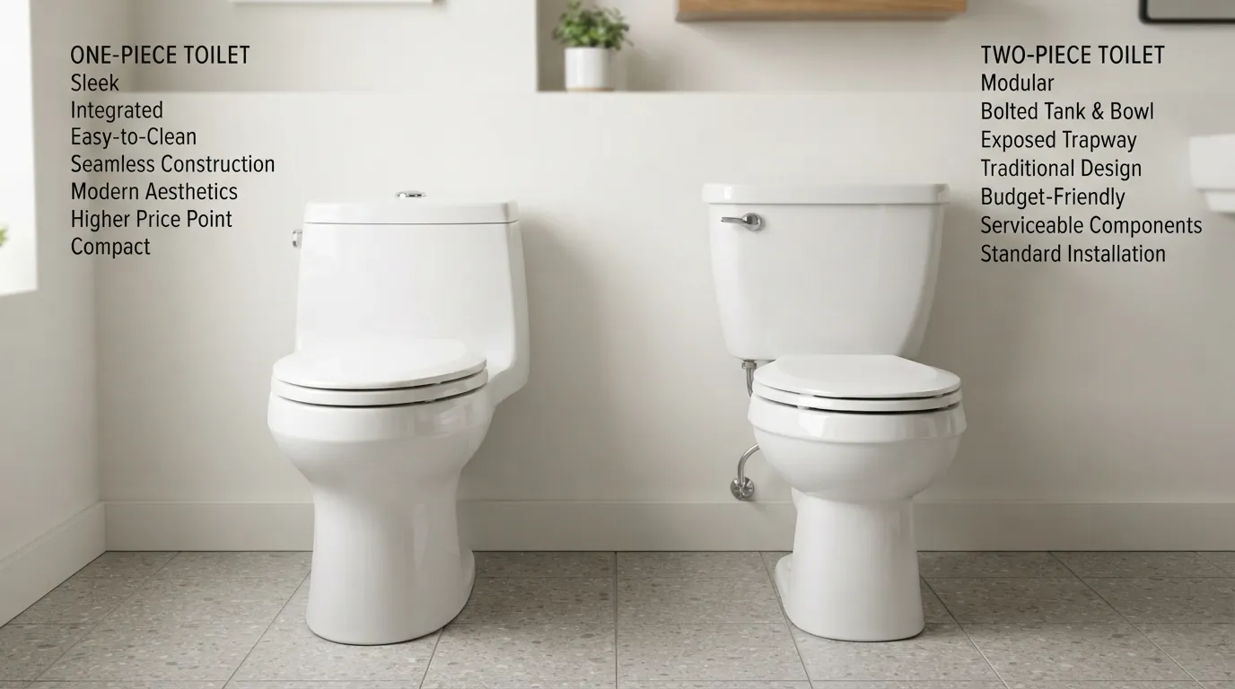 Side-by-side comparison of a sleek one-piece toilet and a traditional two-piece toilet from top bathroom brands.