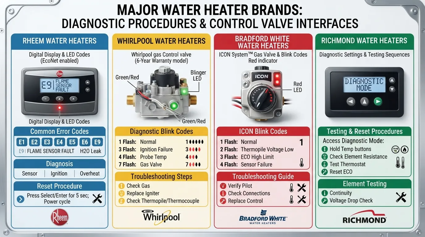 Water heater troubleshooting guide comparing diagnostic panels, error codes, and control valves for Rheem, Whirlpool, Bradford White, and Richmond models.