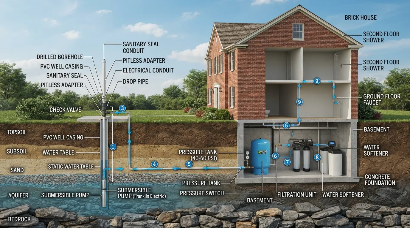 Cross-section diagram of a brick house connected to an underground well water system showing the submersible pump, pressure tank, and filtration setup.
