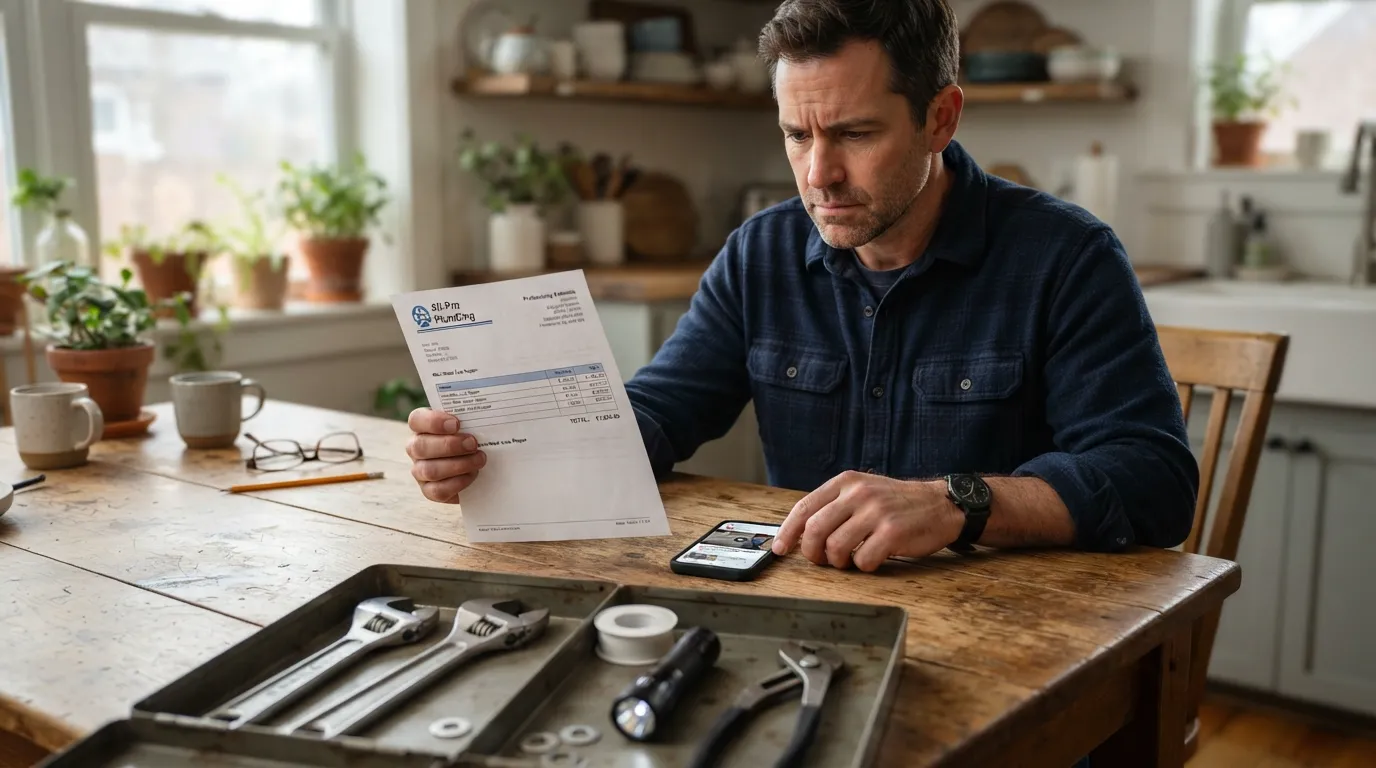 A homeowner reviewing a plumbing repair bill and toolkit at a kitchen table, illustrating DIY fixes and budget alternatives when hiring a professional plumber is unaffordable.