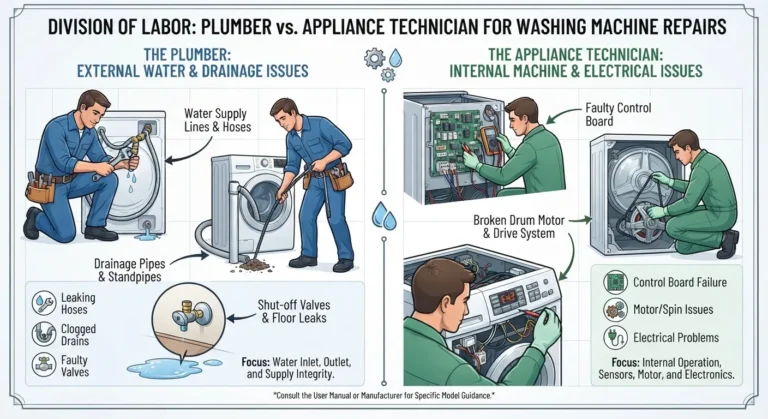 Comparison showing when to hire a plumber for washing machine water connection leaks versus calling an appliance repair technician for internal mechanical or electrical issues.