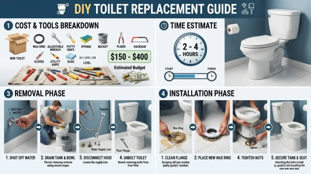 Step-by-step DIY toilet replacement guide showing the tools, plumbing supplies, and installation process required to replace a toilet yourself.