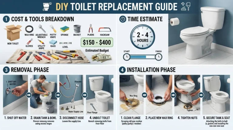 Step-by-step DIY toilet replacement guide showing the tools, plumbing supplies, and installation process required to replace a toilet yourself.