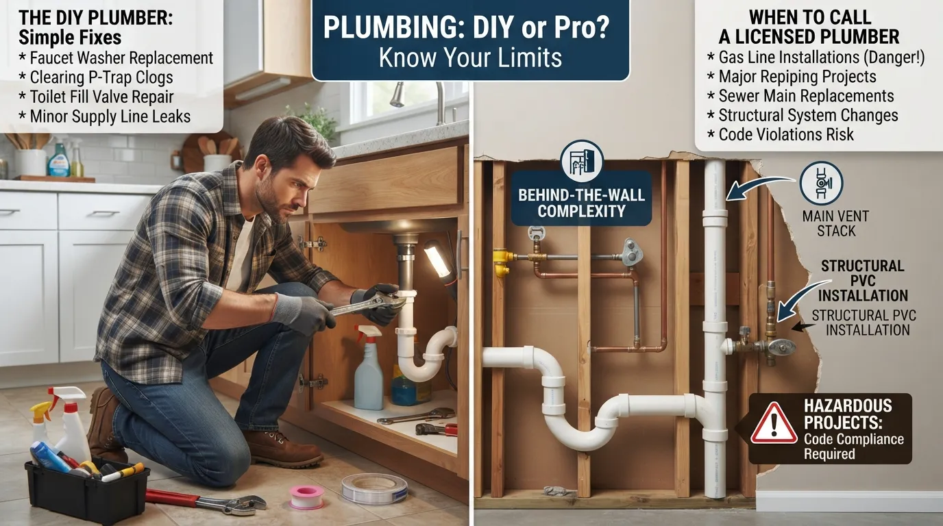 A homeowner holding a wrench under a bathroom sink, weighing a DIY plumbing repair against a professional toolkit and a pipe layout diagram.