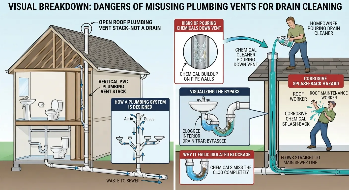 A cross-section plumbing diagram showing a house drain vent pipe, highlighting why pouring water or chemical drain cleaner down plumbing vents is ineffective and potentially harmful.