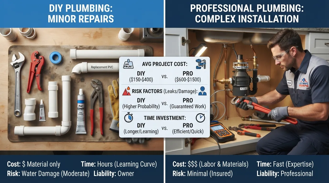 Comparison infographic showing DIY plumbing tools and materials next to a professional plumber working on pipes, illustrating the cost and complexity differences.
