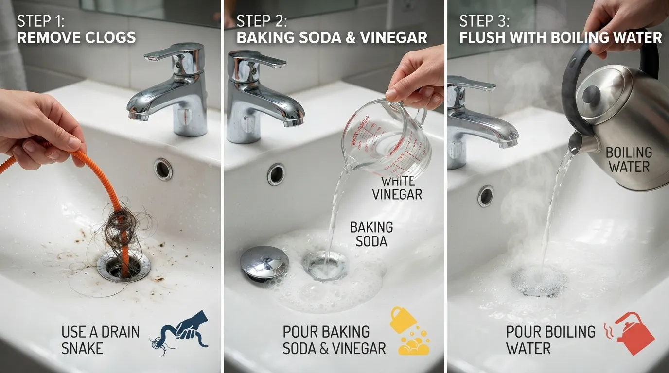 Step-by-step visual guide showing eco-friendly and chemical-free methods to clear a clogged shower drain using household items like baking soda, vinegar, and a drain snake.