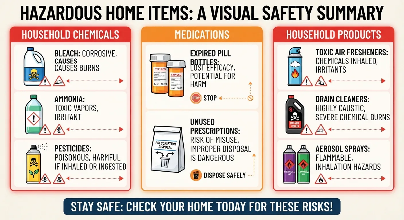 Infographic displaying a checklist of common hazardous household chemicals, expired medications, and toxic cleaning products to avoid for home safety.