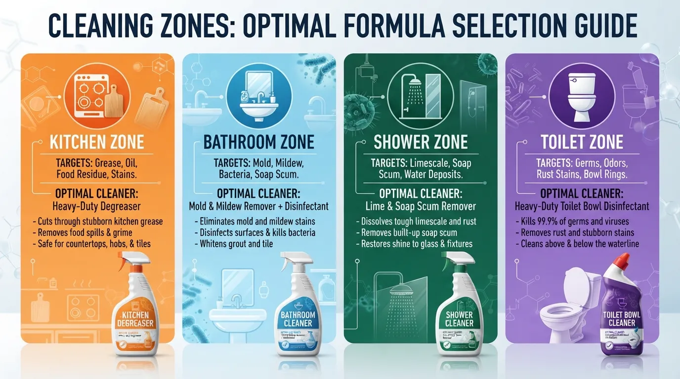 Infographic chart comparing specialized surface cleaners categorized by room location for kitchen, bathroom, shower, and toilet cleaning.