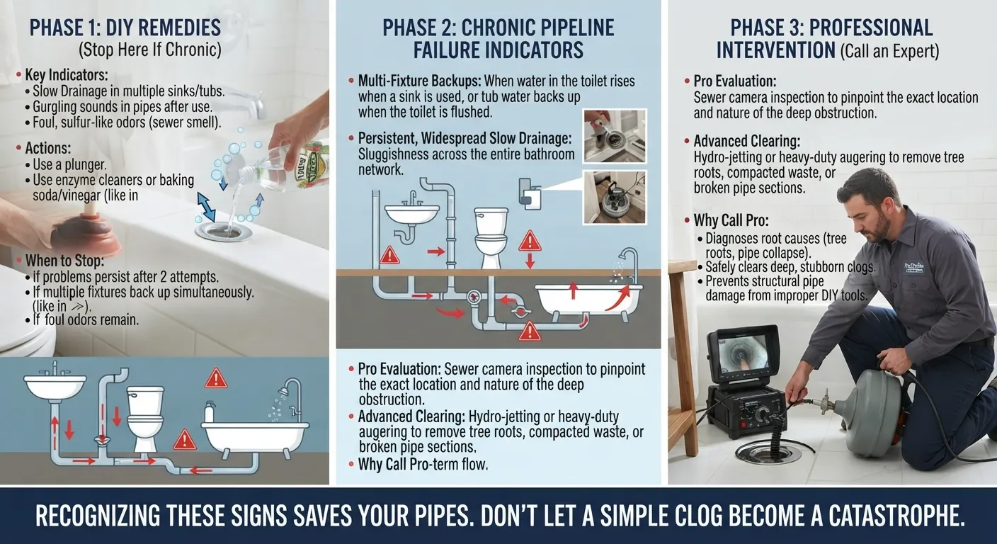 A professional plumber using specialized diagnostic equipment to inspect a chronic bathtub drain blockage and main sewer line.