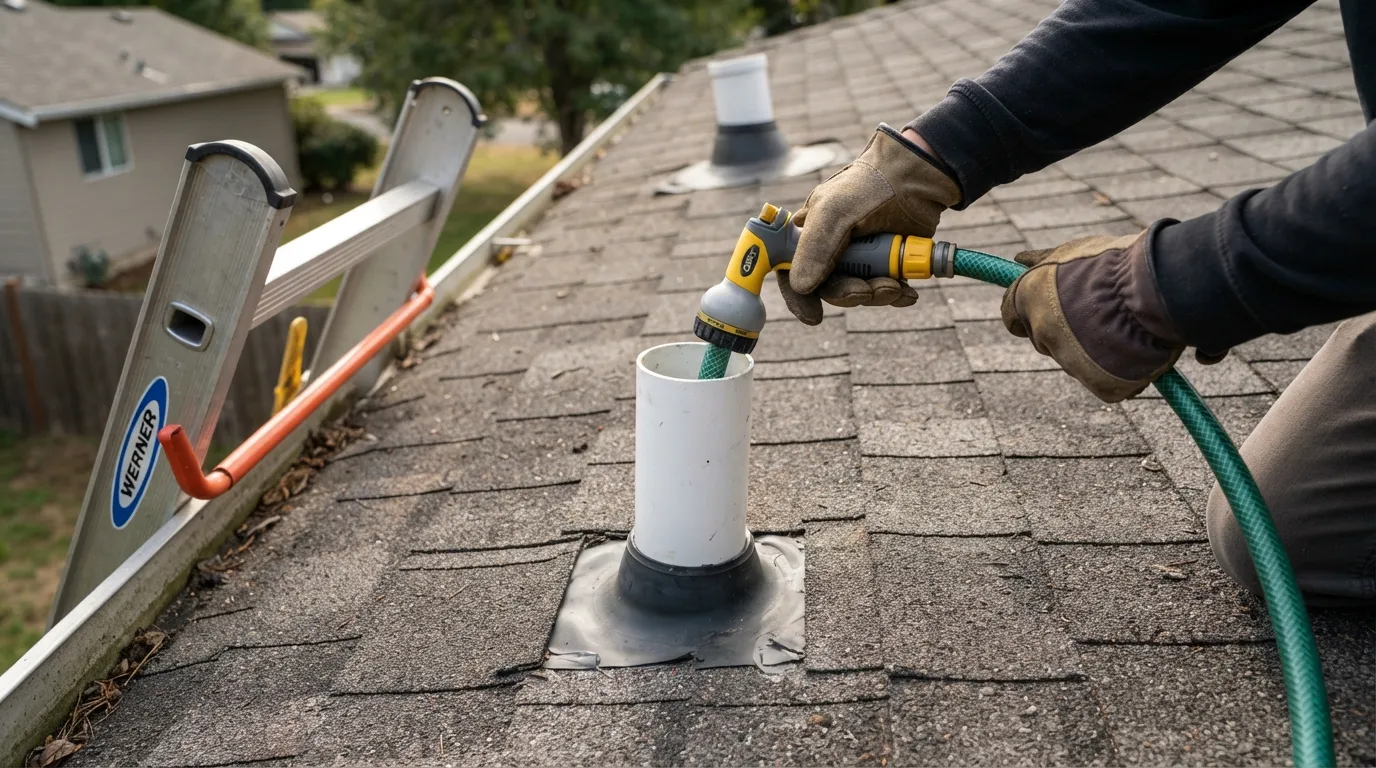 Person on a roof using a garden hose inserted into a PVC plumbing vent pipe to clear a clog.