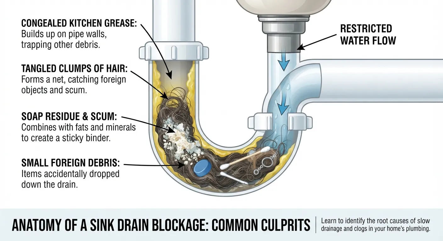 A close-up diagram illustrating the common causes of a blocked drain, such as hair, grease, and soap scum buildup inside a household pipe.