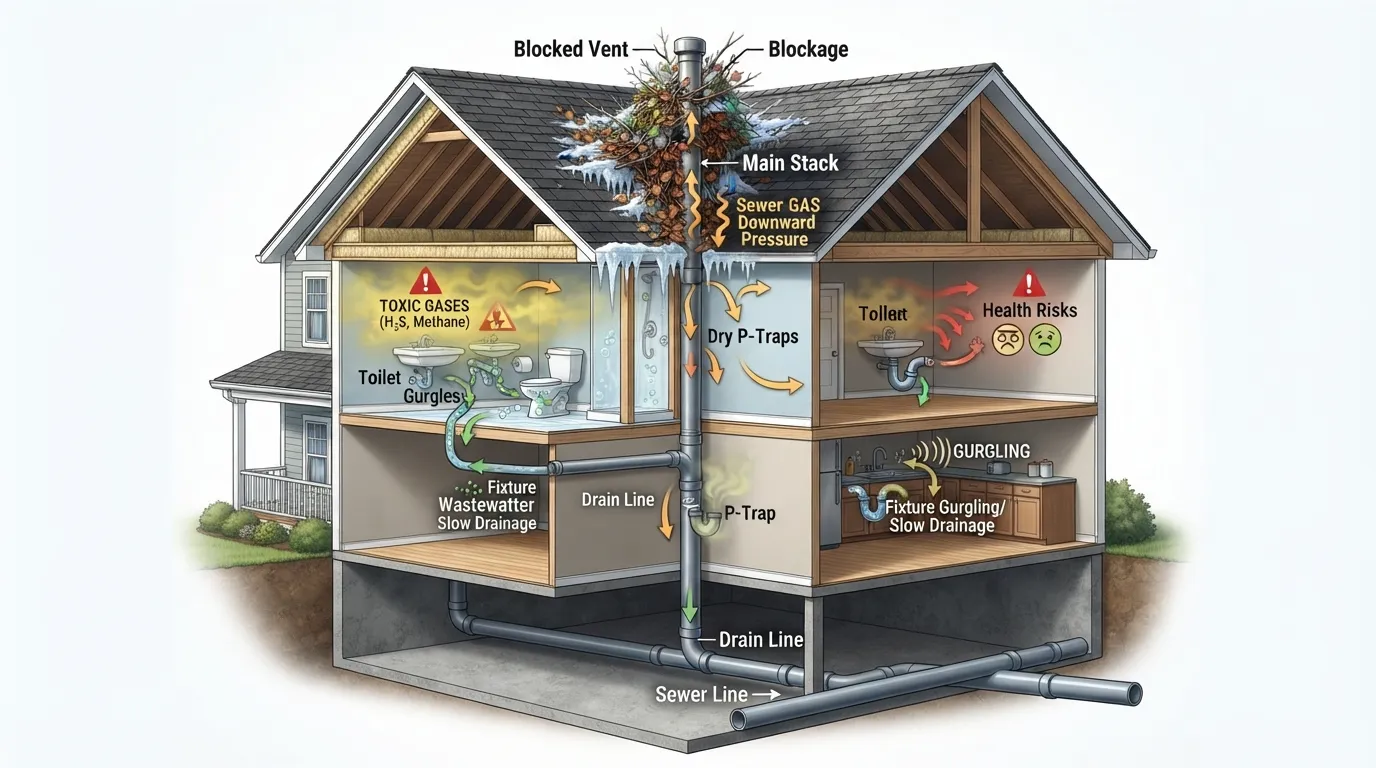 Cross-section diagram of a residential plumbing system showing a blocked roof vent, trapped sewer gas, and resulting slow drains and indoor safety risks.