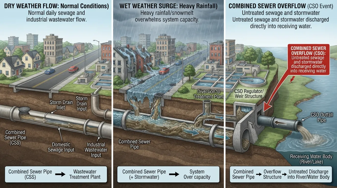 Cross-section diagram showing a combined sewer system carrying both stormwater runoff and sanitary sewage to a treatment plant, with an overflow point into a local water body during heavy rainfall.