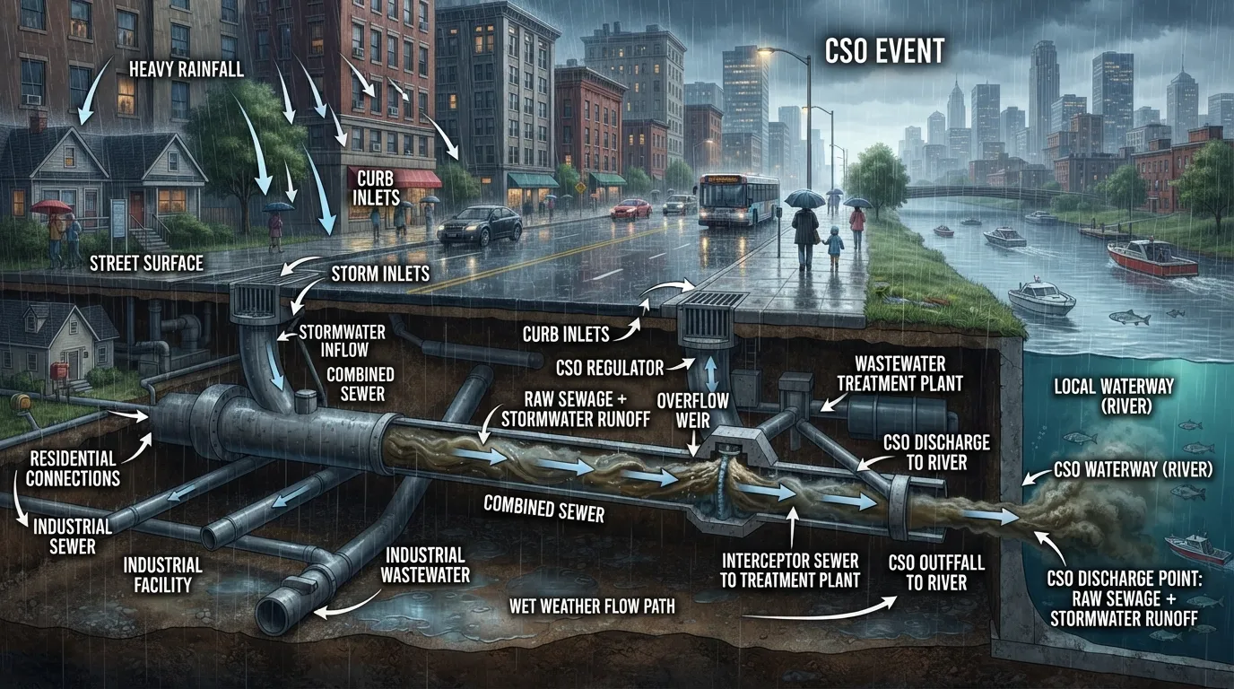 Cross-section diagram of a combined sewer system during a heavy rainstorm, showing stormwater runoff and municipal sewage mixing and overflowing into a river.