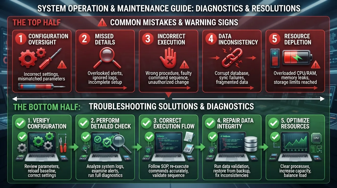 A step-by-step troubleshooting flowchart and checklist highlighting common mistakes, error flags, and corrective actions to resolve issues quickly.