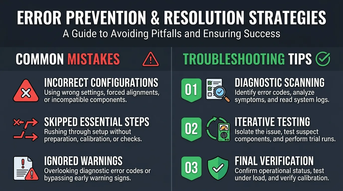 Infographic showing common mistakes and troubleshooting tips with warning icons, a magnifying glass, and step-by-step resolution pathways.