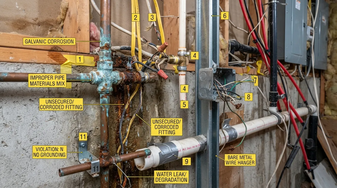 Close-up of severely corroded metal piping and electrical fittings showing code compliance violations and material degradation.