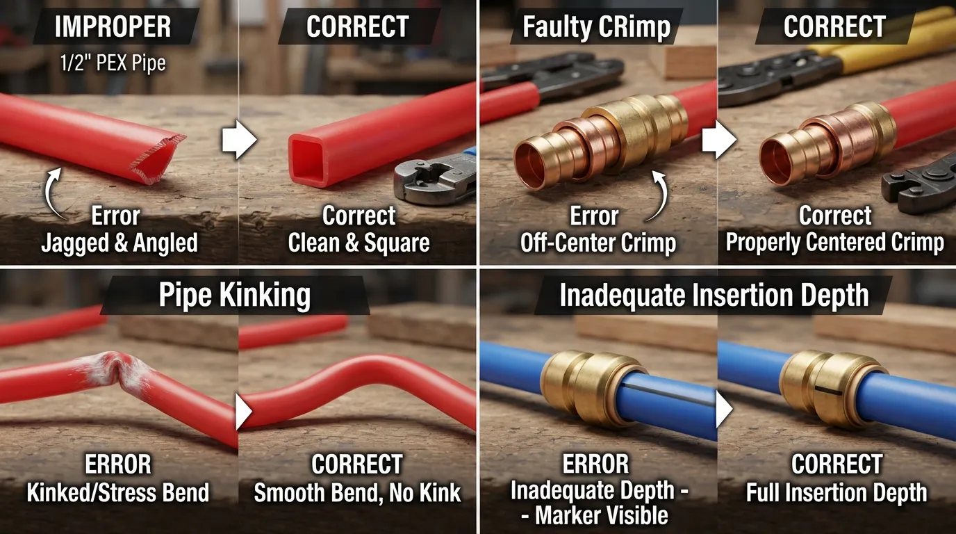 Close-up photo of PEX plumbing connections highlighting common installation errors such as un-deburred jagged cuts, improper crimp ring placement, and pipe kinking.
