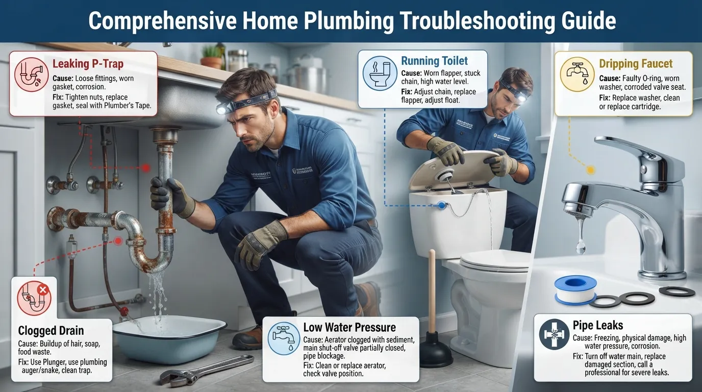 A plumber inspecting under a kitchen sink with various tools, demonstrating common household plumbing problems and troubleshooting steps.