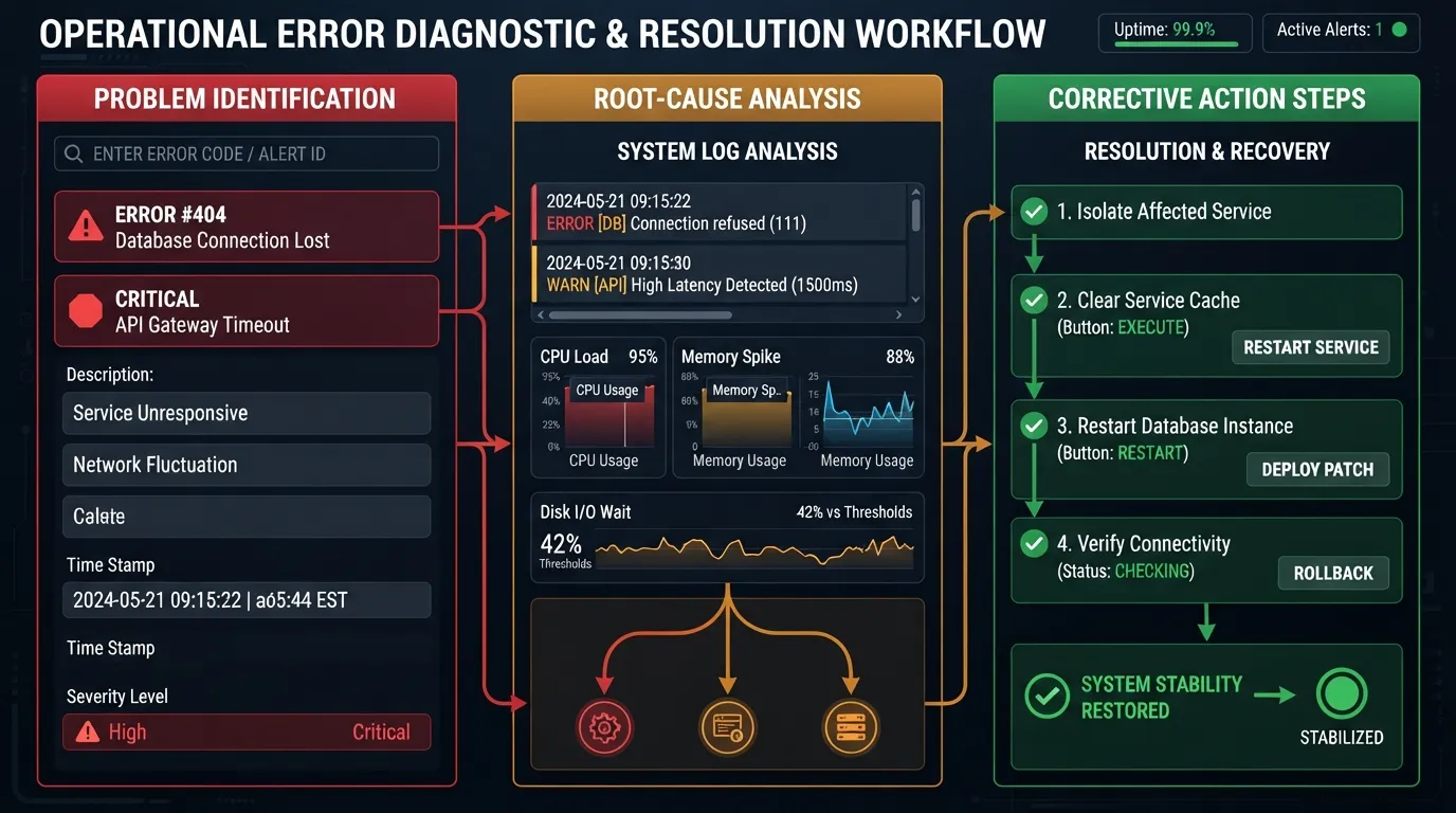 An organized troubleshooting flowchart and diagnostic checklist dashboard displaying common technical problems, error logs, and step-by-step resolution paths.