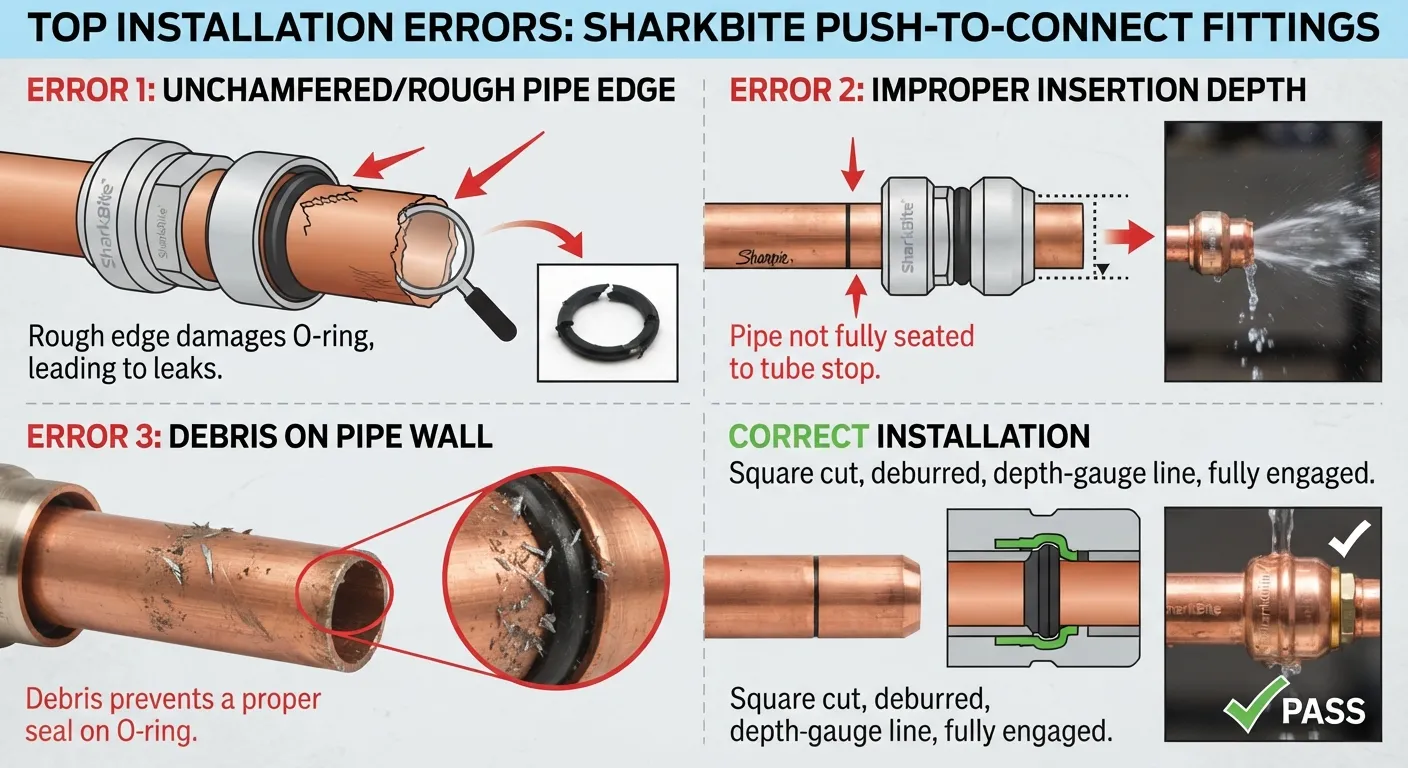 Close-up photo of SharkBite push-to-connect plumbing fittings showing unchamfered copper pipe, unmeasured insertion depth, and deburred edges alongside correct installation examples.