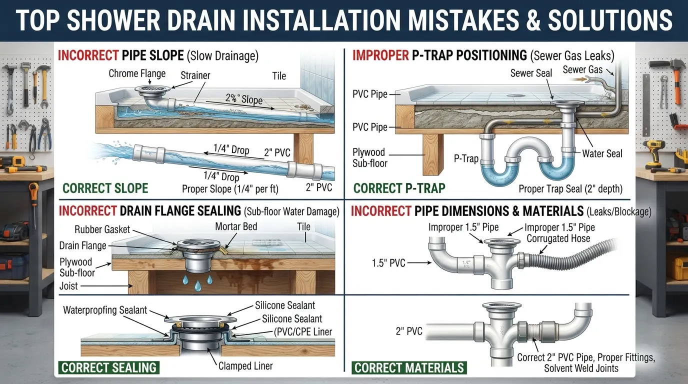 Infographic and diagrams illustrating common shower drain plumbing mistakes such as improper slope, incorrect trap installation, and sealing errors.