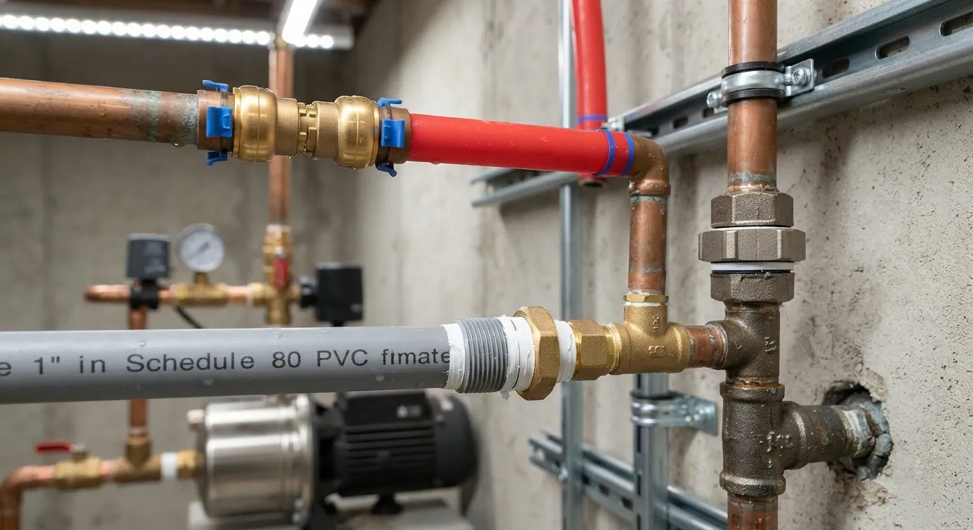 Plumber installing transition fittings between copper, PEX, and PVC pipes for a water pressure booster system