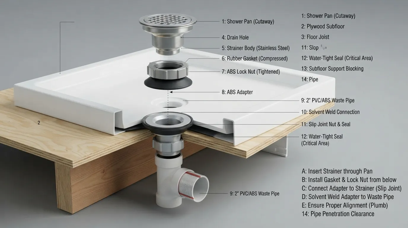 Cross-section diagram showing how a plumbing drain pipe securely connects to a shower pan waste outlet.