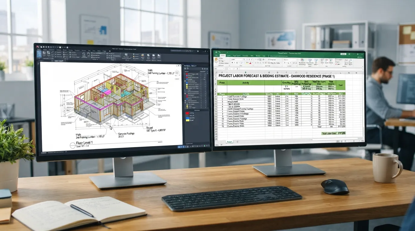 Contractor reviewing a digital blueprint and spreadsheet calculating labor hours and material takeoffs for a construction project.