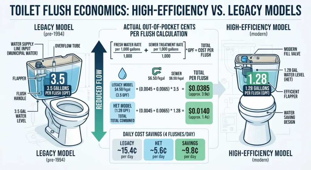A close-up view of a modern toilet tank and flush handle, illustrating the exact components responsible for calculating the cost per flush.
