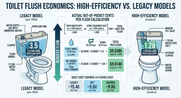 A close-up view of a modern toilet tank and flush handle, illustrating the exact components responsible for calculating the cost per flush.