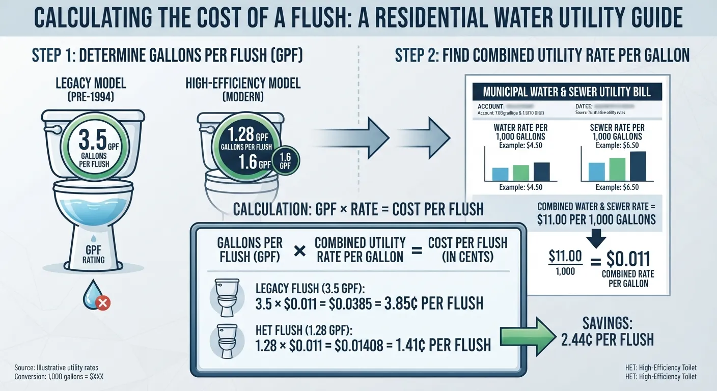Infographic showing the formula to calculate the exact cost to flush a toilet using gallons per flush multiplied by combined water and sewer utility rates.