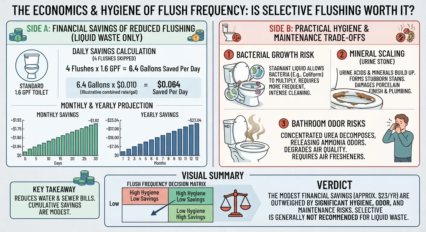 Infographic comparing costs and hygiene trade-offs of flushing every time you pee versus selective flushing.