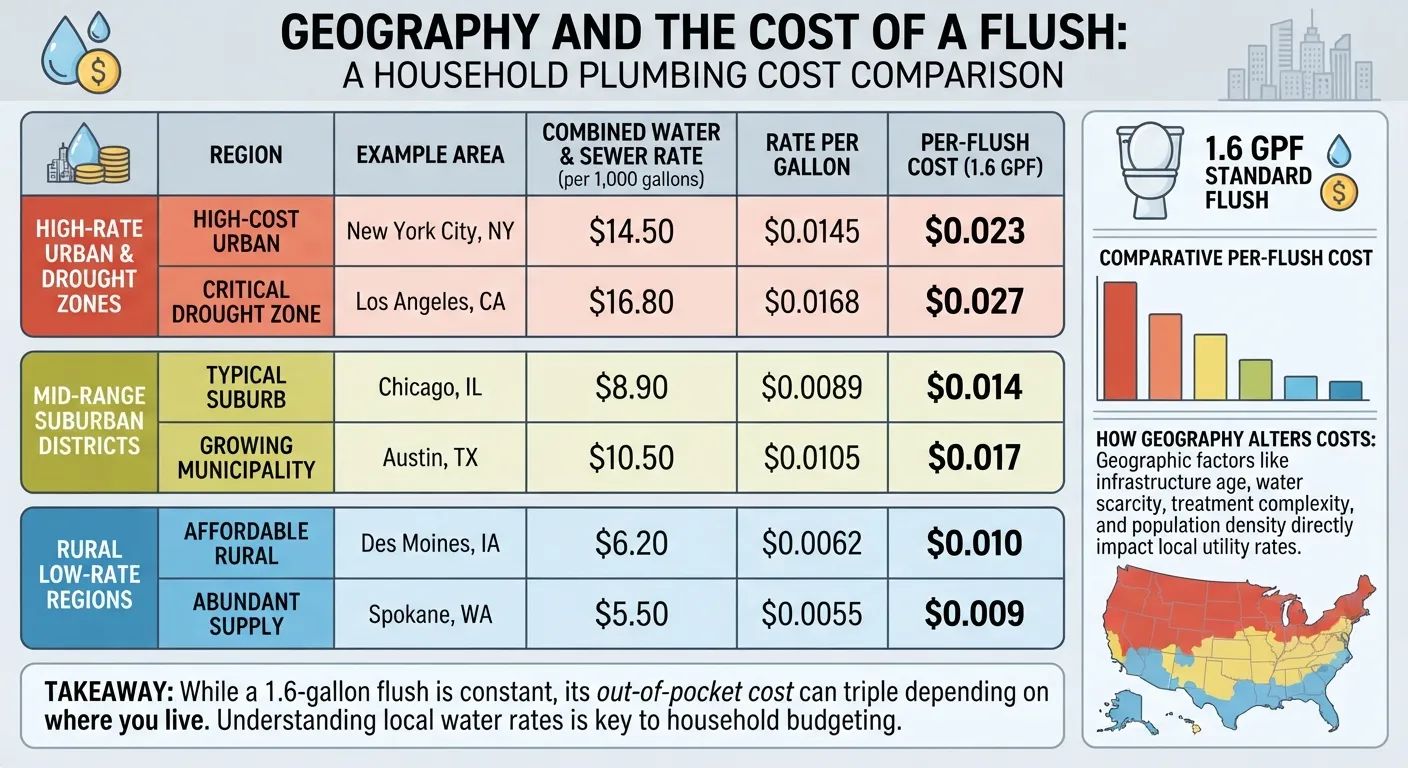 Comparison chart showing how regional municipal water and sewer rates impact the cost to flush a toilet across high-rate urban, suburban, and rural cities.