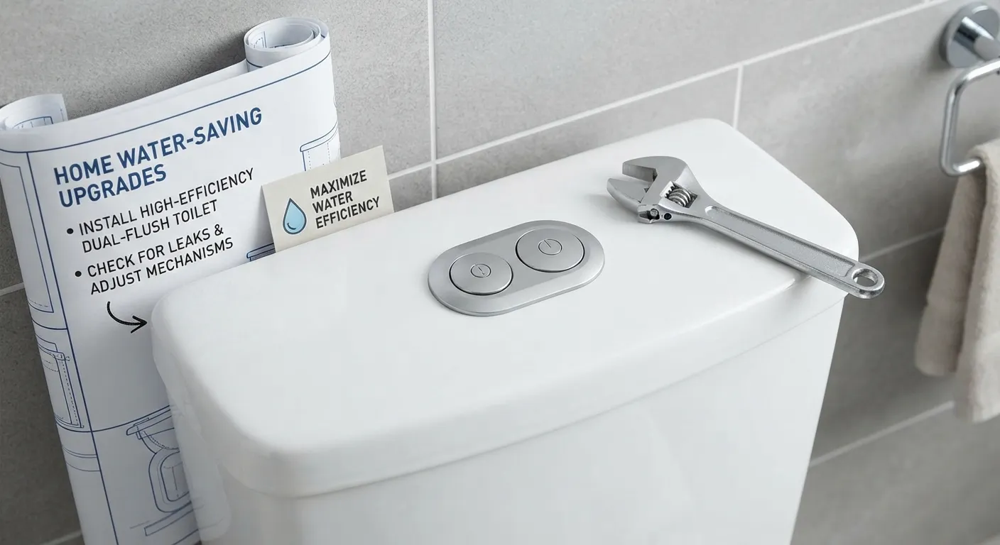 Close-up of a modern dual-flush toilet button and tank mechanism illustrating water-saving upgrades.