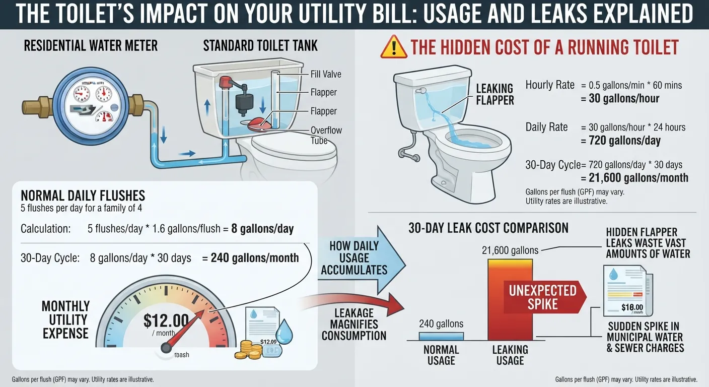 Infographic showing how toilet flushing and silent leaks drive up monthly residential water bills.