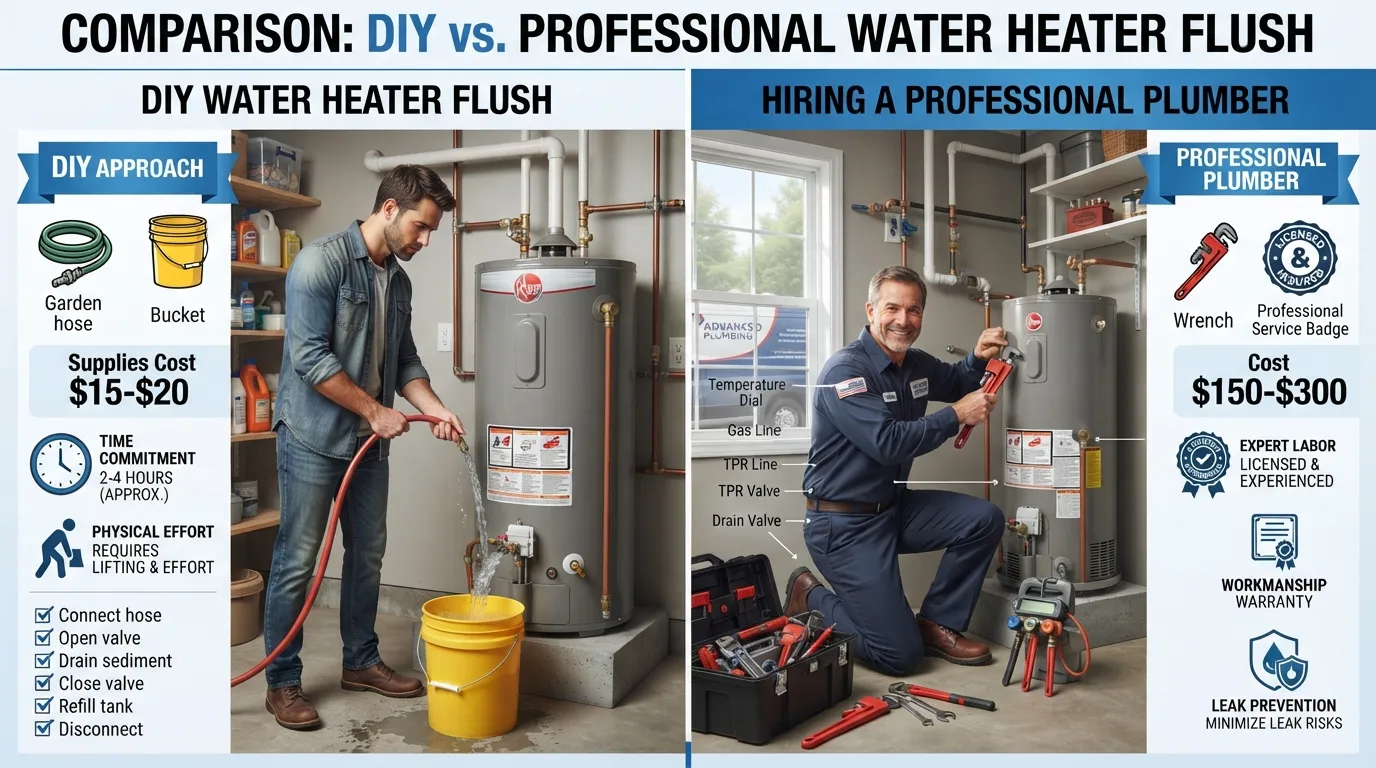 Infographic comparing the costs, tools, and labor breakdown of flushing a water heater yourself versus hiring a professional plumber.
