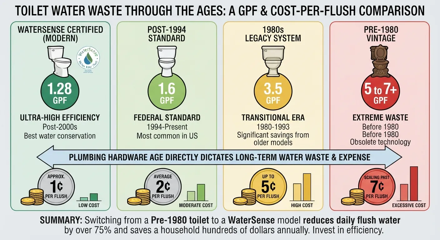 Comparison chart showing water usage and cost per flush for different toilet types including WaterSense, standard modern, older models, and vintage fixtures.